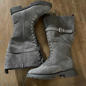 Just Fab Boots Womens Size 9 Gray Demi Lace Up Tall Lug Buckle Winter